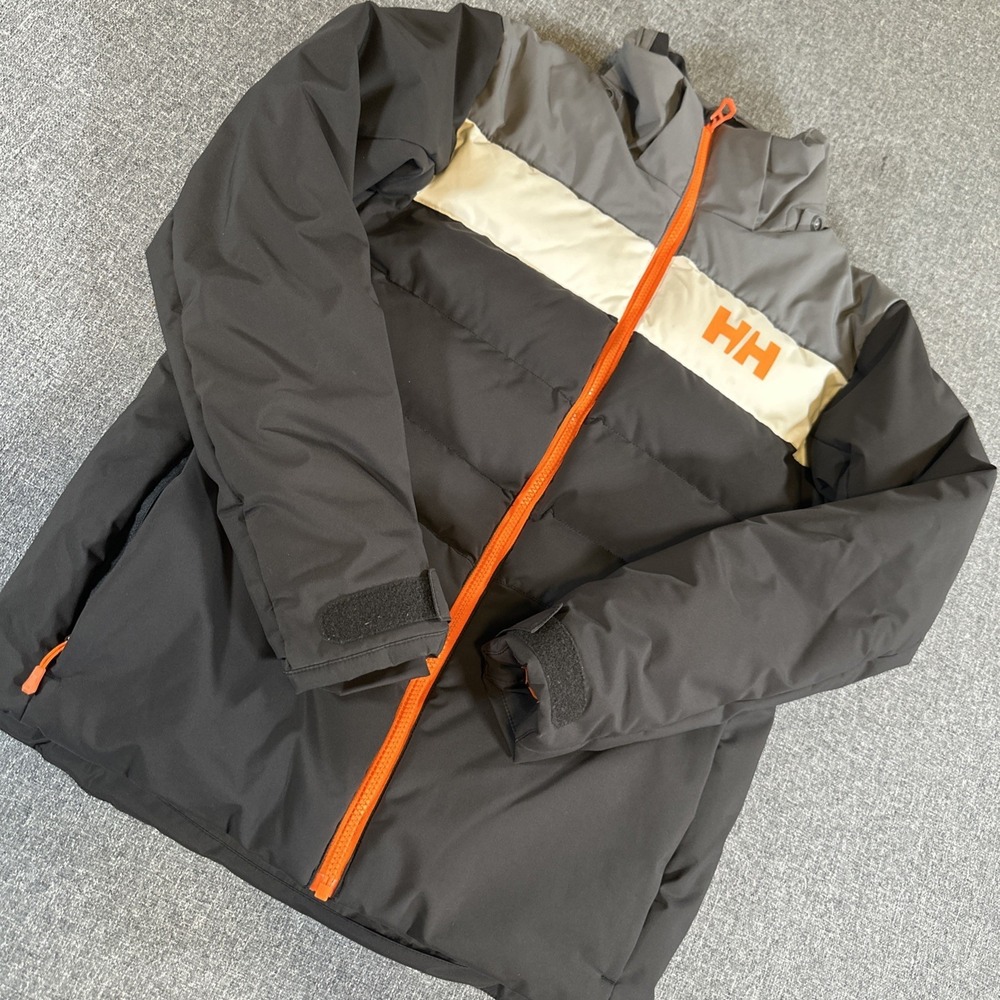 Helly Hansen 164/14 Kids Gray Black Puffer Jacket HH Orange Zip Hooded avg Age14